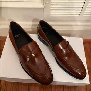 Celine Brown Leather Penny Loafers with Gold Accent